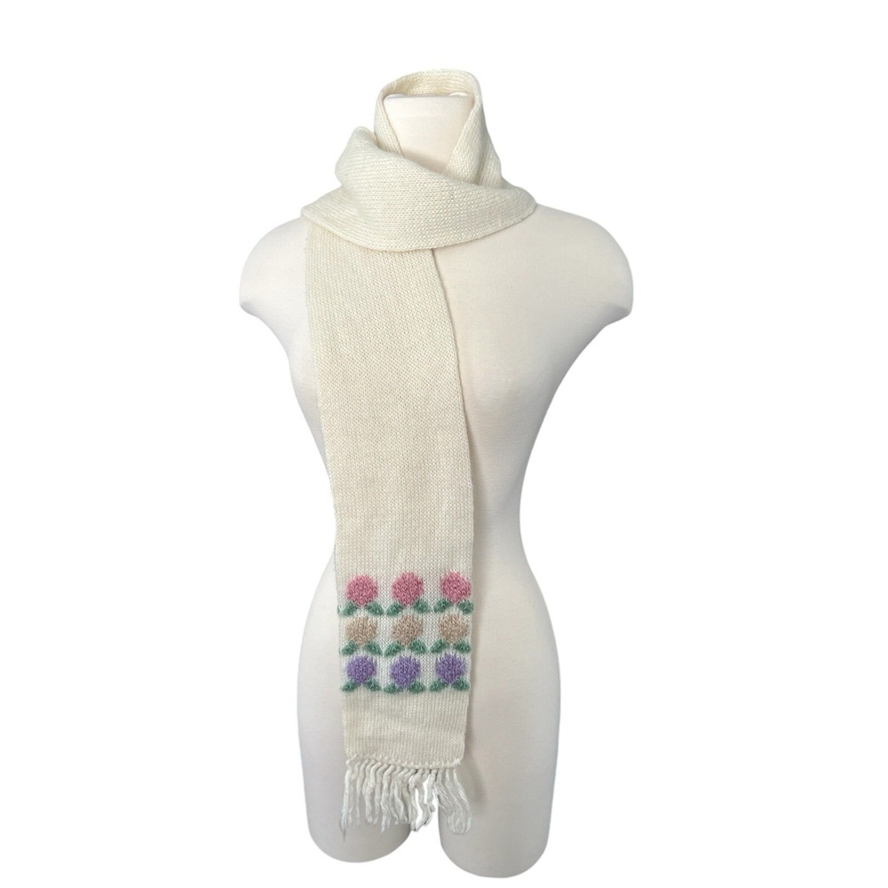 Hansen Vintage Embroidered Knit Scarf Fringe Cottagecore Ivory Boho Cozy Grandma
